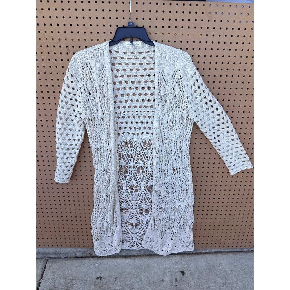 Natural Life Cream‎ Crochet Open Front Duster Cardigan Sweater SM Boho Knit